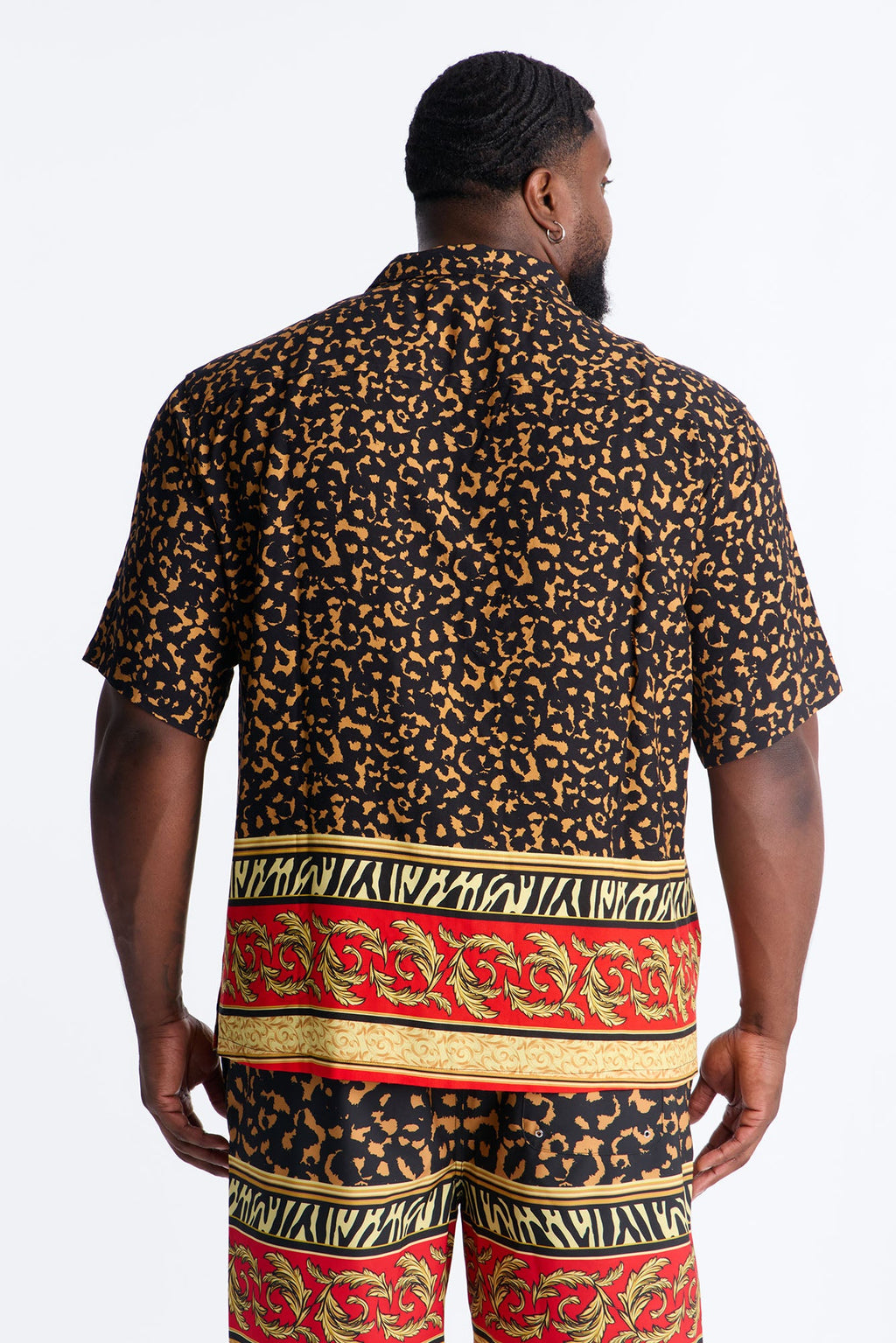 Animal Instincts Paneled Cuban Collar Short Sleeve Shirt - Leopard