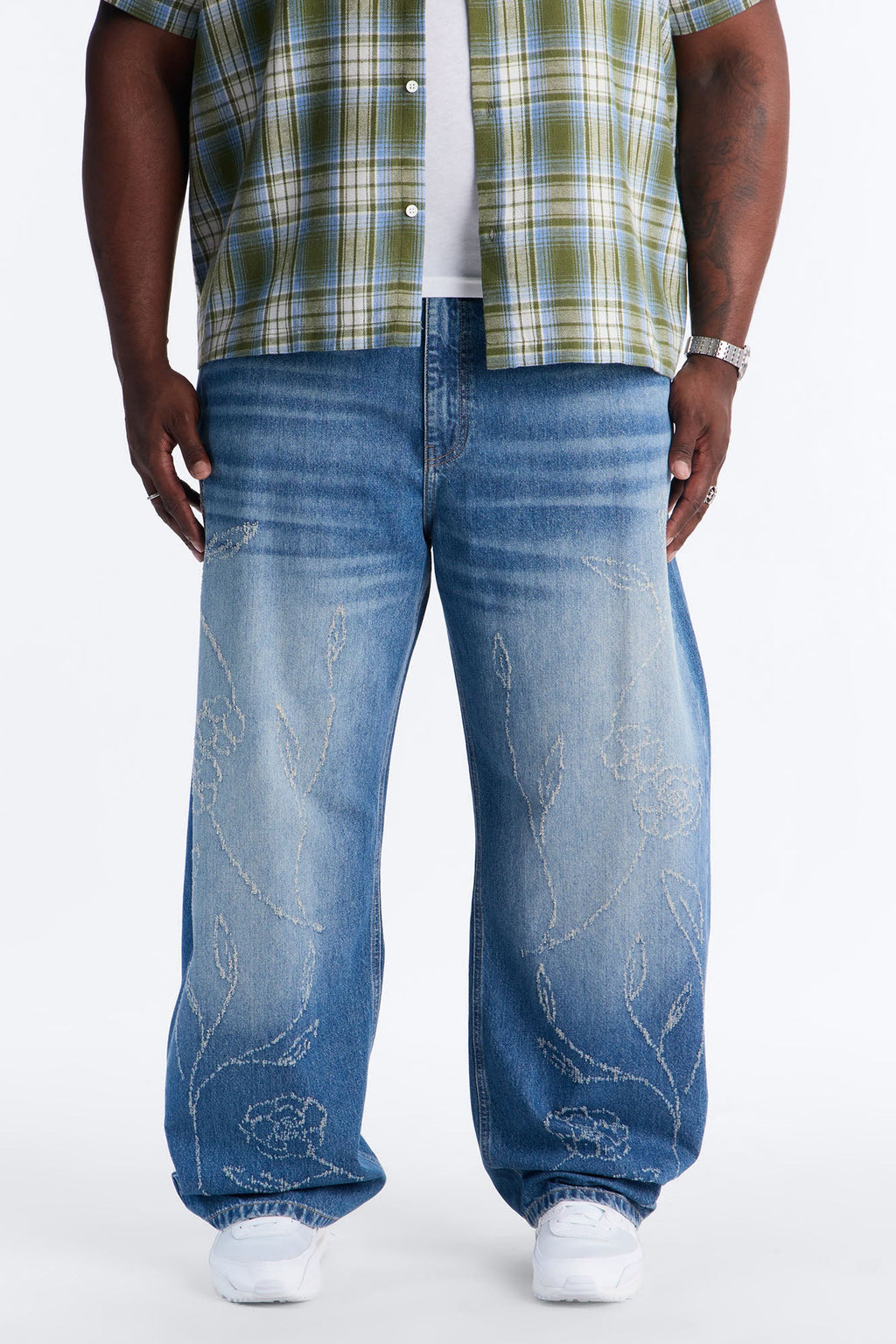 Barrel Etched Floral Jean - Medium Blue Wash