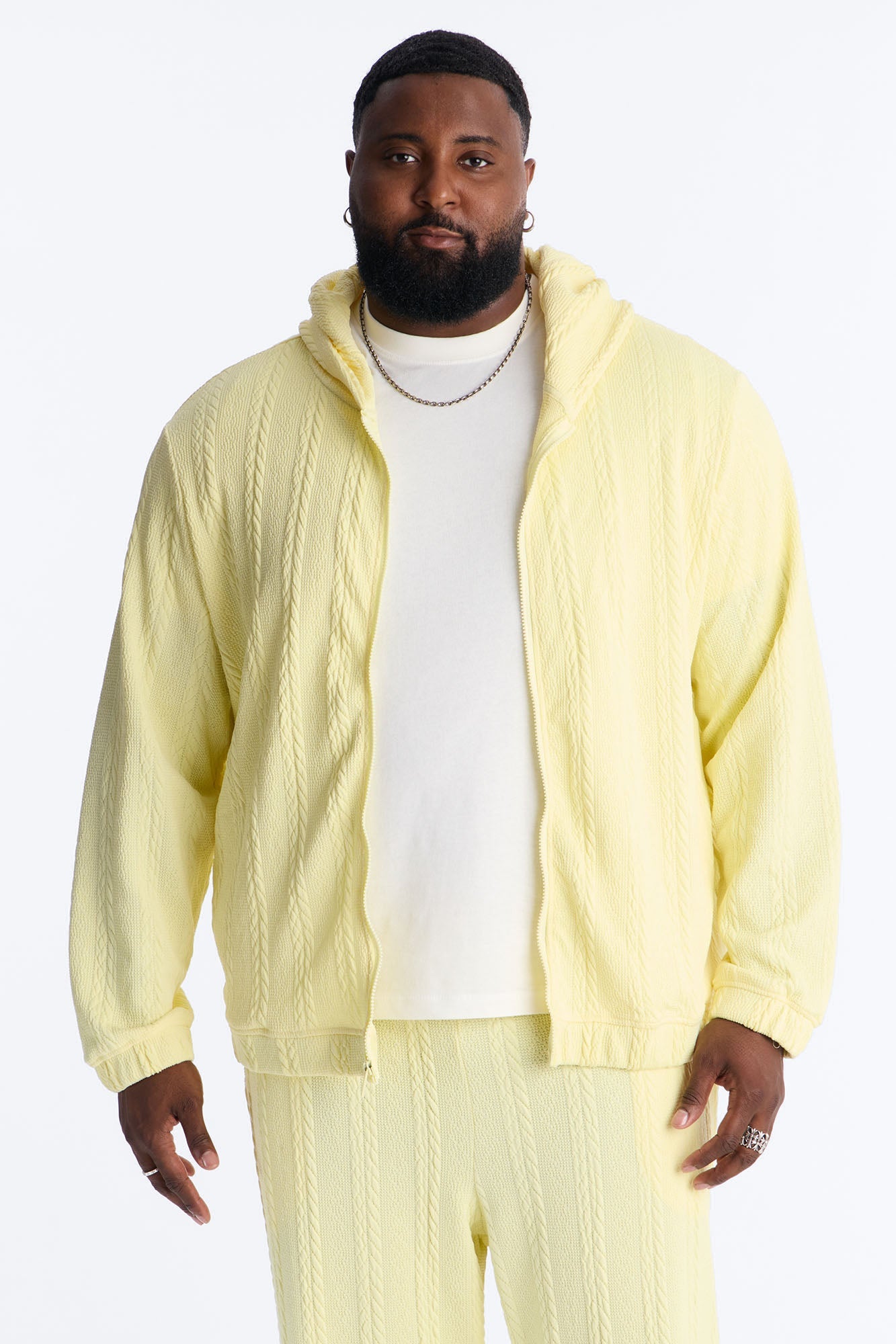 Textured Cozy Braided Hooded Jacket - Butter Yellow