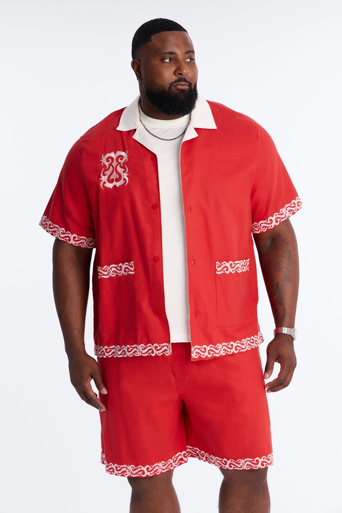 Coastal Isla Cuban Button Up Shirt - Red