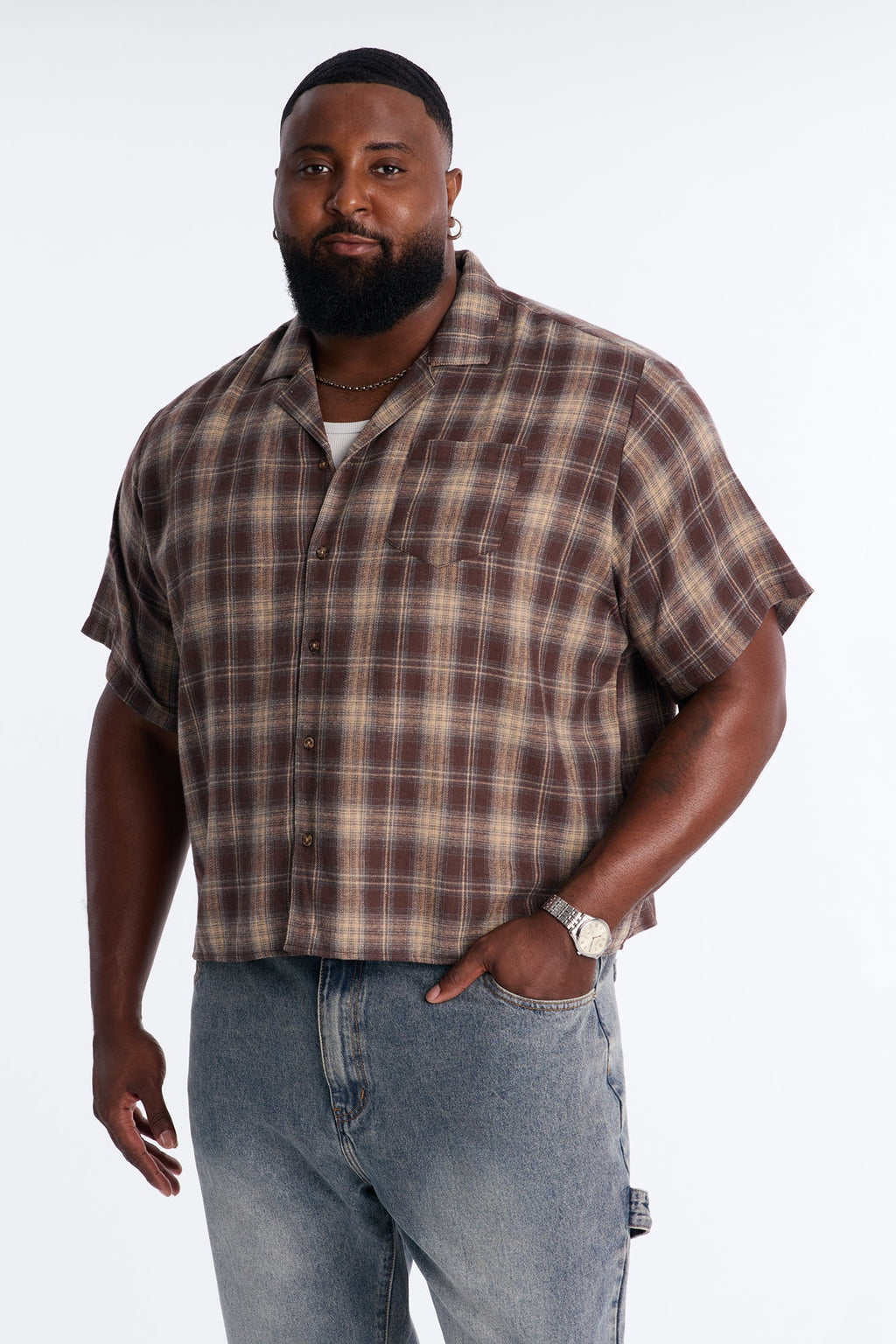 Your Weekend Plaid Cuban Collar Button Up Shirt - Brown