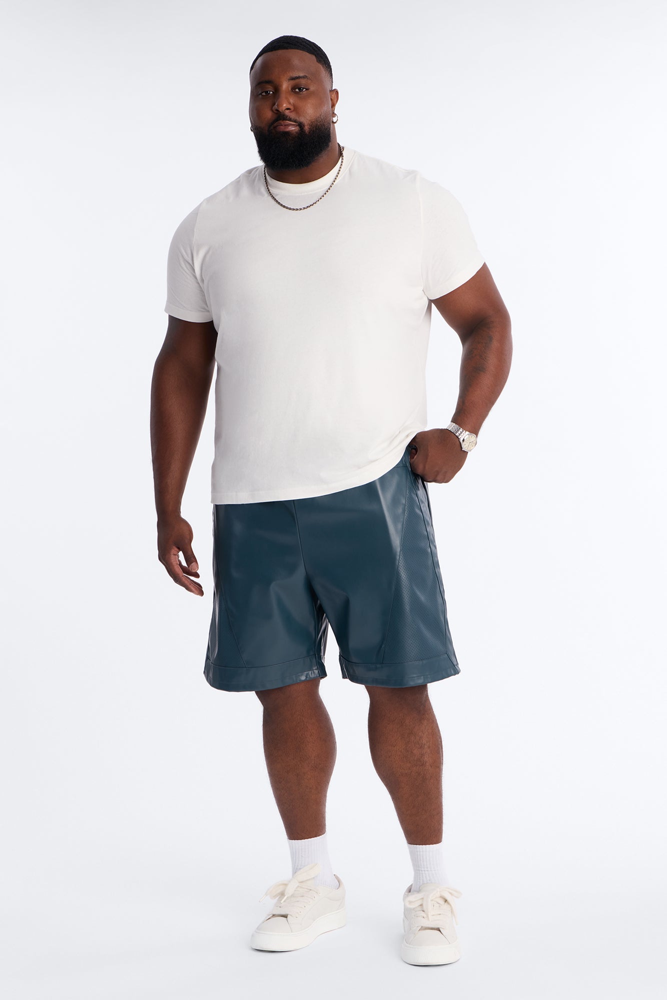 Relaxed Perforated Faux Leather Short - Navy