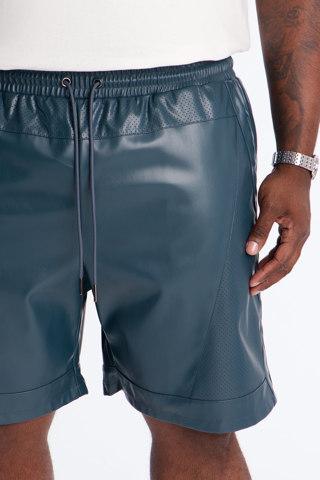 Relaxed Perforated Faux Leather Short - Navy