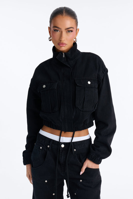 Living On Edge Cropped Denim Bomber Jacket - Black Wash