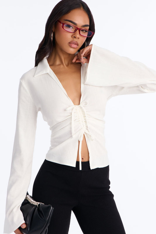 Just Doing Me Ruched Linen Top - White