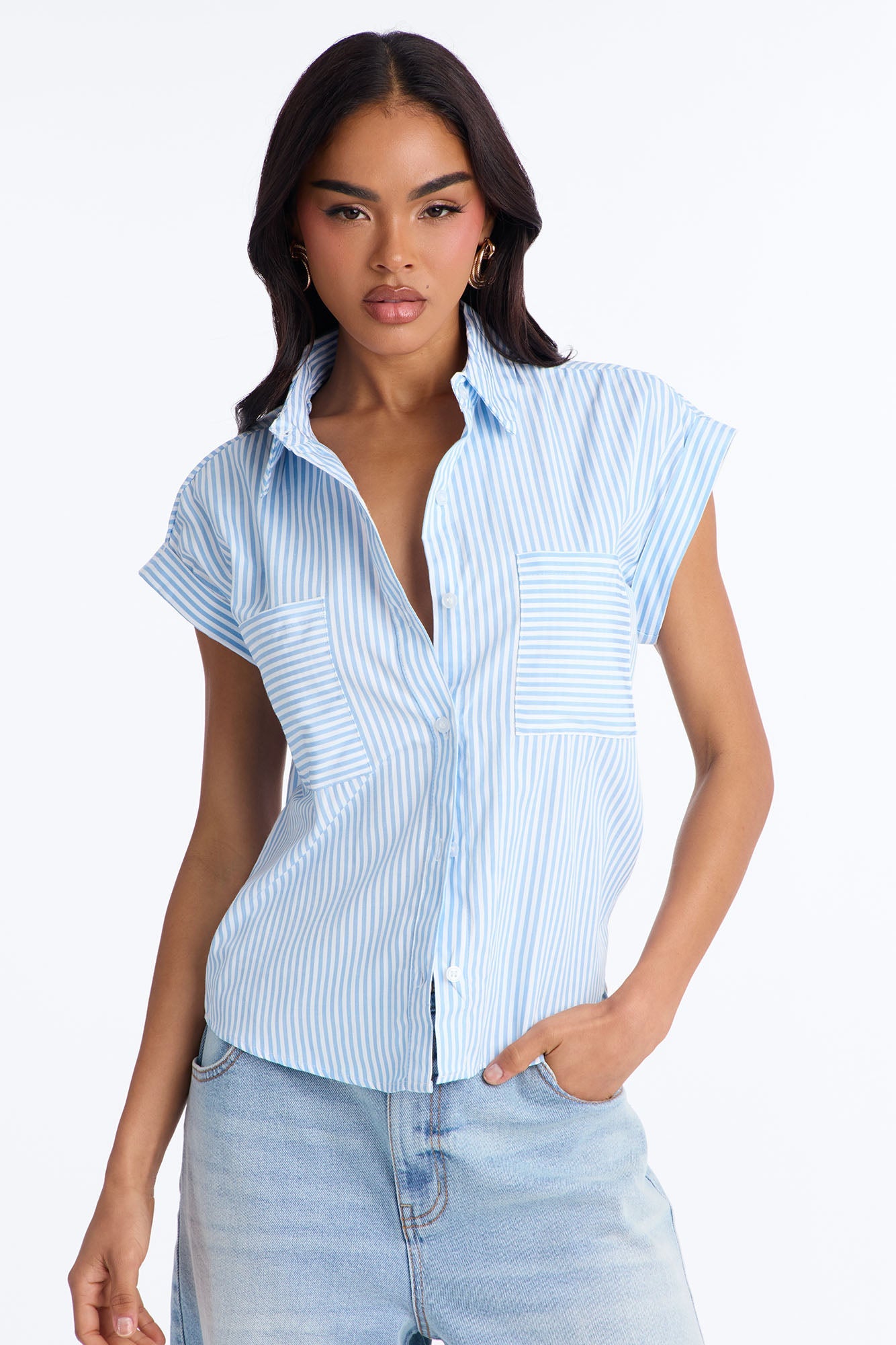 Linda Button Up Pinstripe Short Sleeve Shirt - Blue/combo