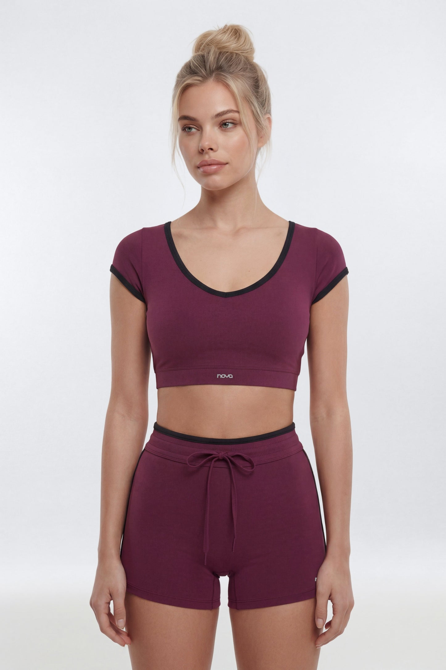 ProStretch™ Crop V-Neck Short Sleeve Sports Top - Merlot