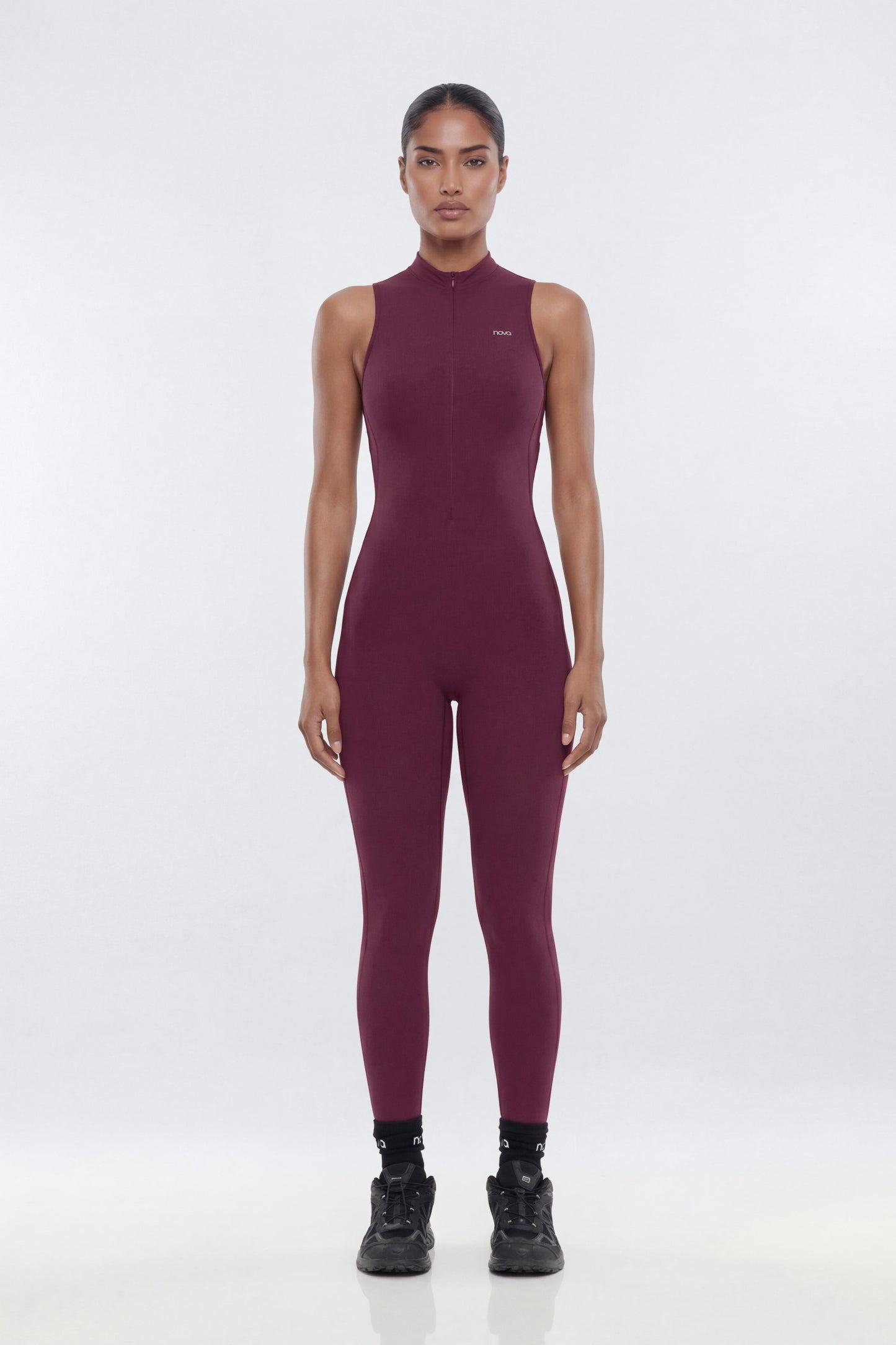 ProStretch™ 27″ Zip Up Mock Neck Skinny Jumpsuit - Merlot