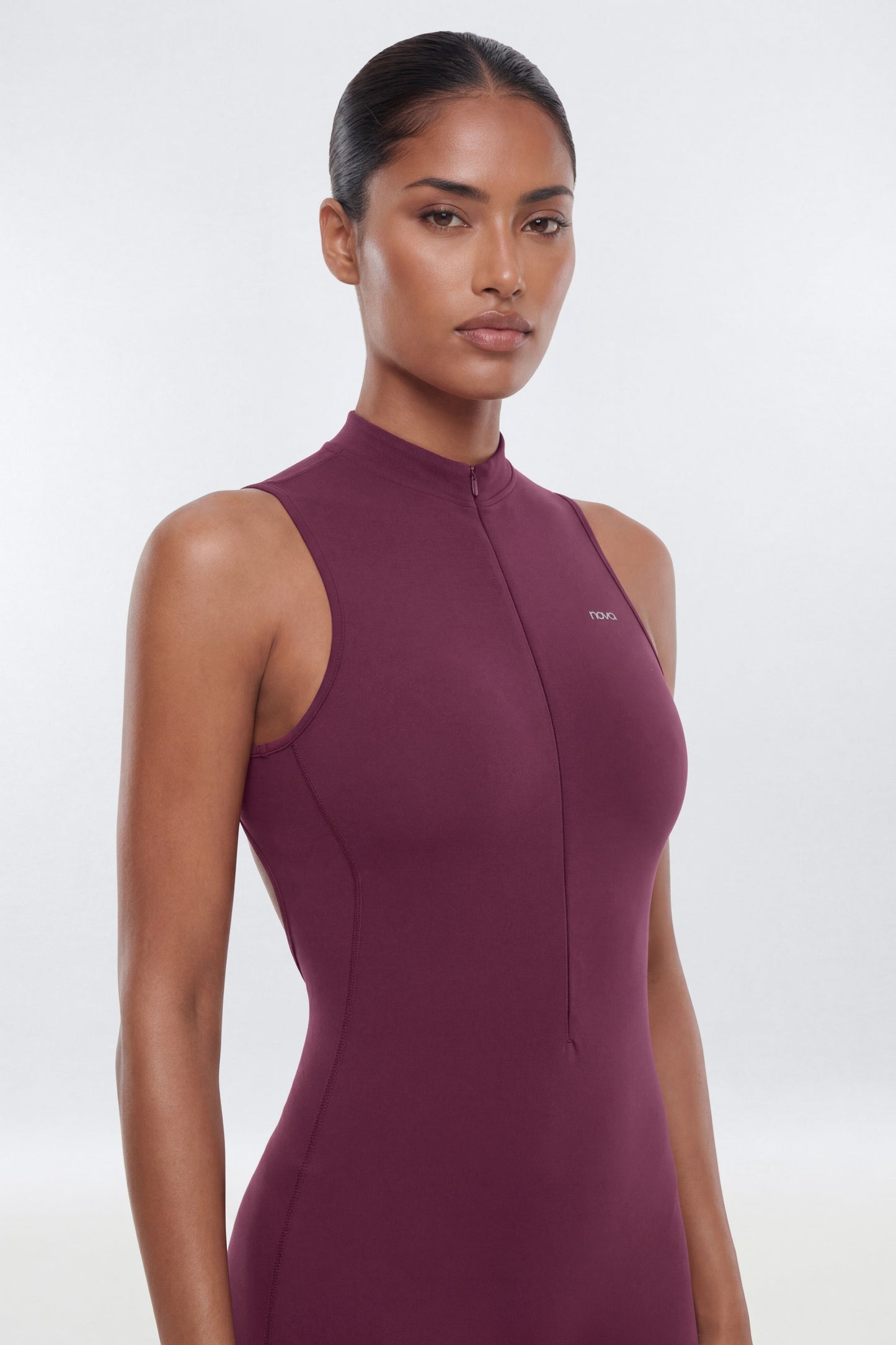 ProStretch™ 27″ Zip Up Mock Neck Skinny Jumpsuit - Merlot