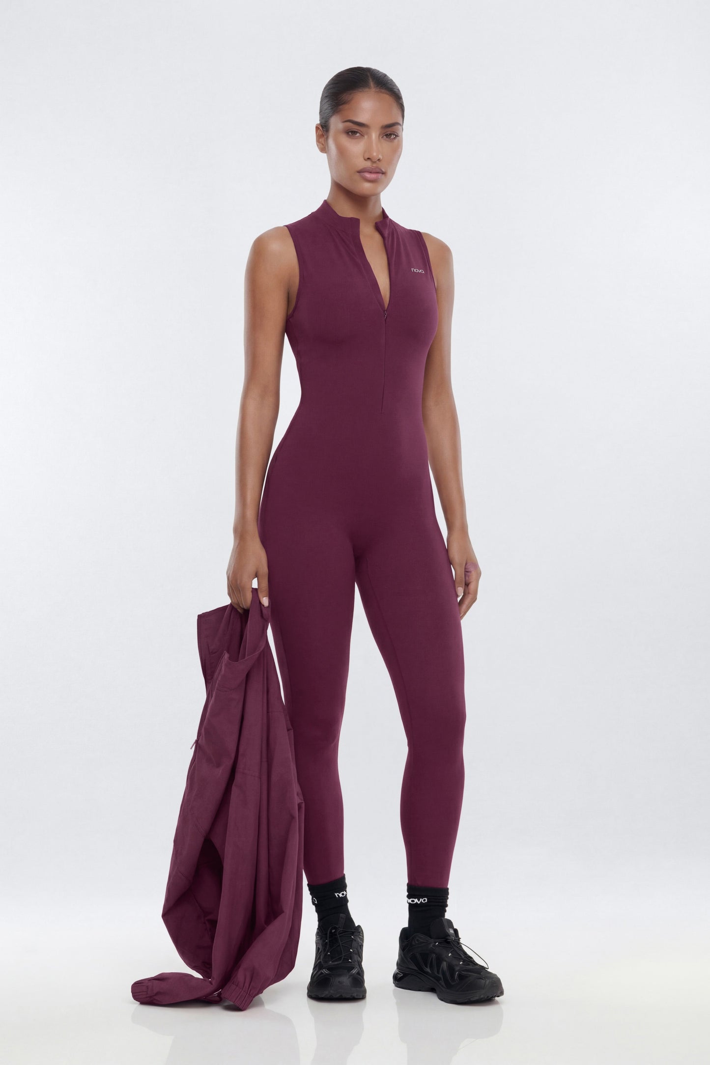 ProStretch™ 27″ Zip Up Mock Neck Skinny Jumpsuit - Merlot