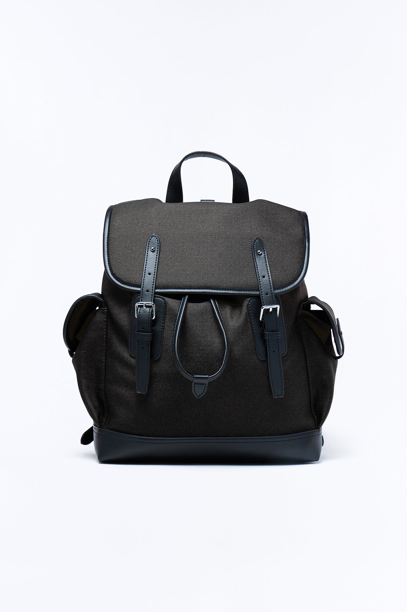 Canvas Dual Buckle Drawstring Backpack - Black