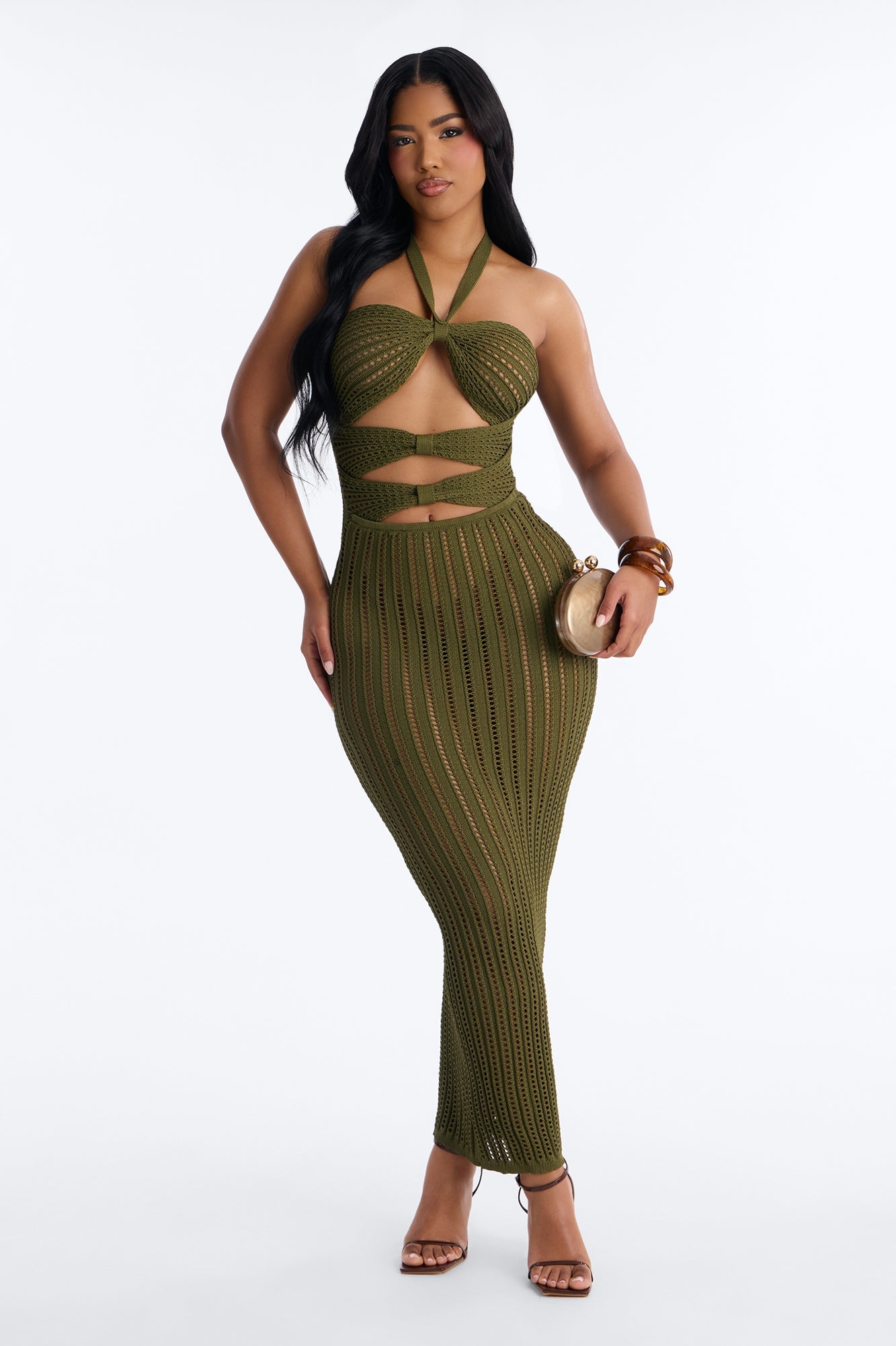 Bailey Halter Crochet Maxi Dress - Olive