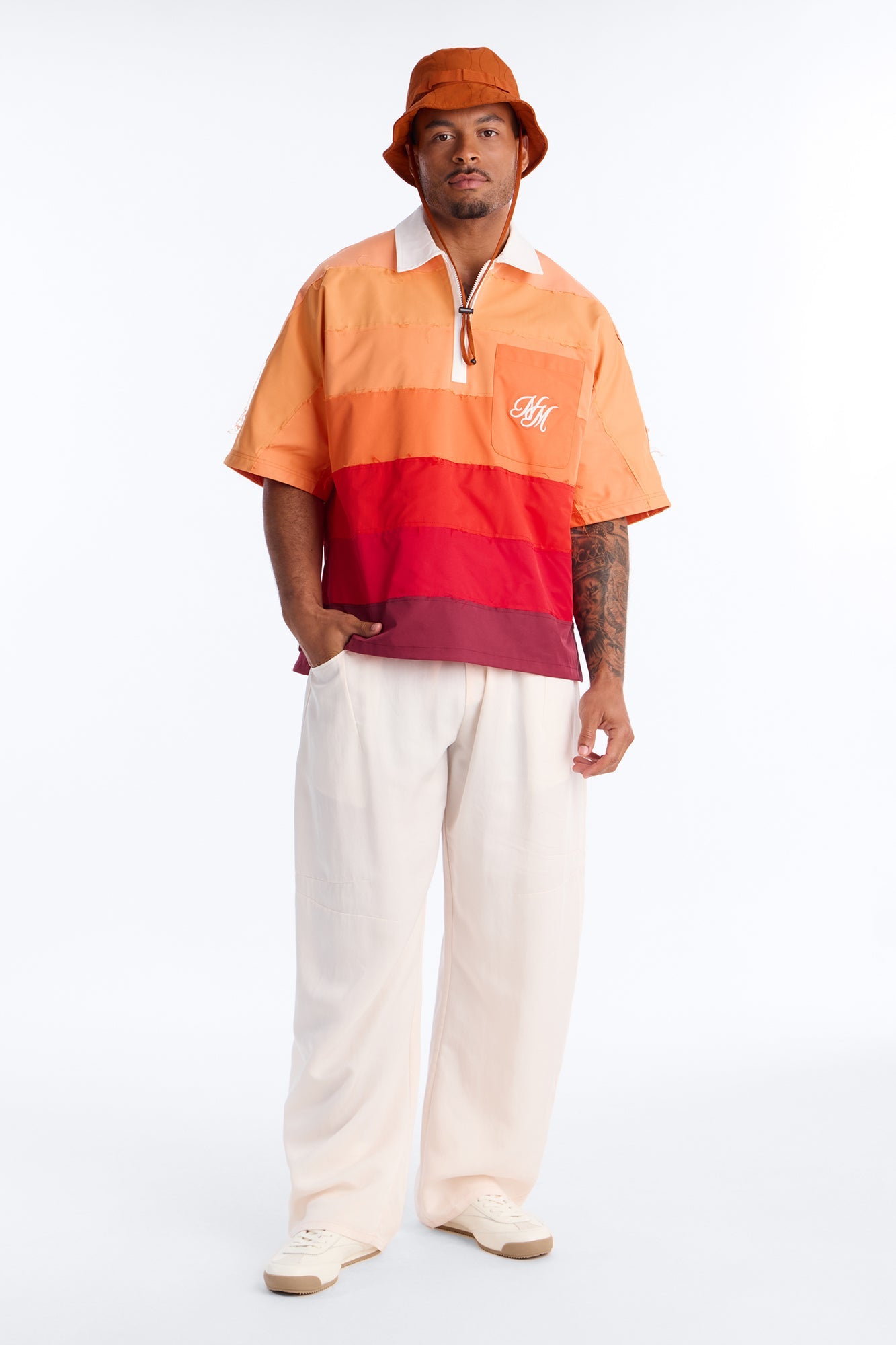 Oversized Frayed Zip Collar Polo - Orange