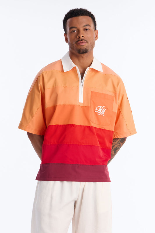 Oversized Frayed Zip Collar Polo - Orange