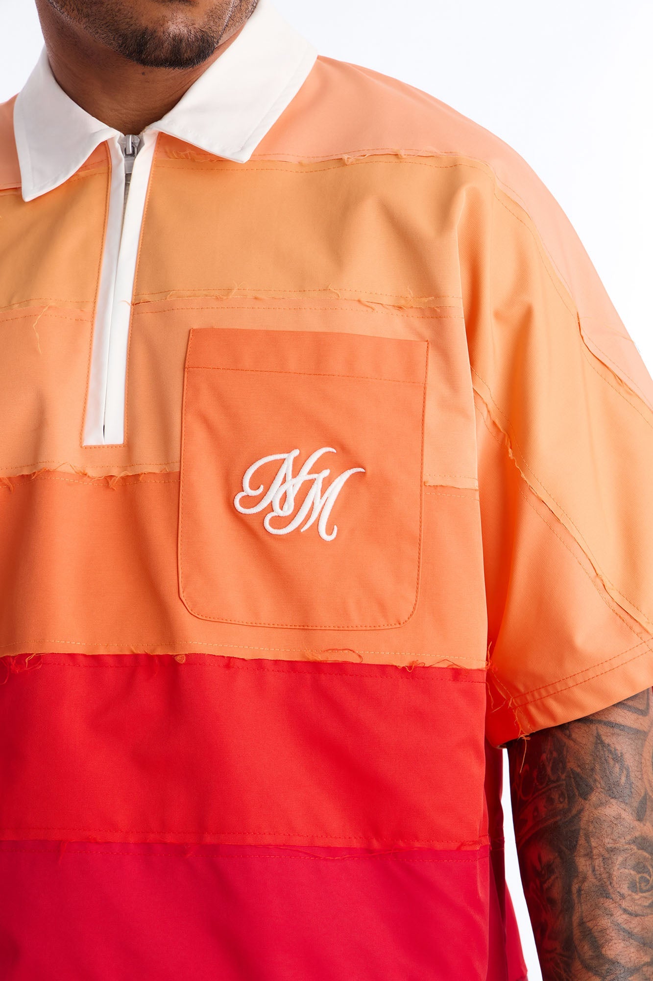 Oversized Frayed Zip Collar Polo - Orange