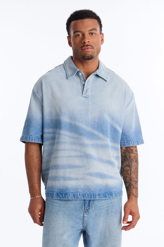 Boxy Faded Wave Denim Polo - Light Blue Wash
