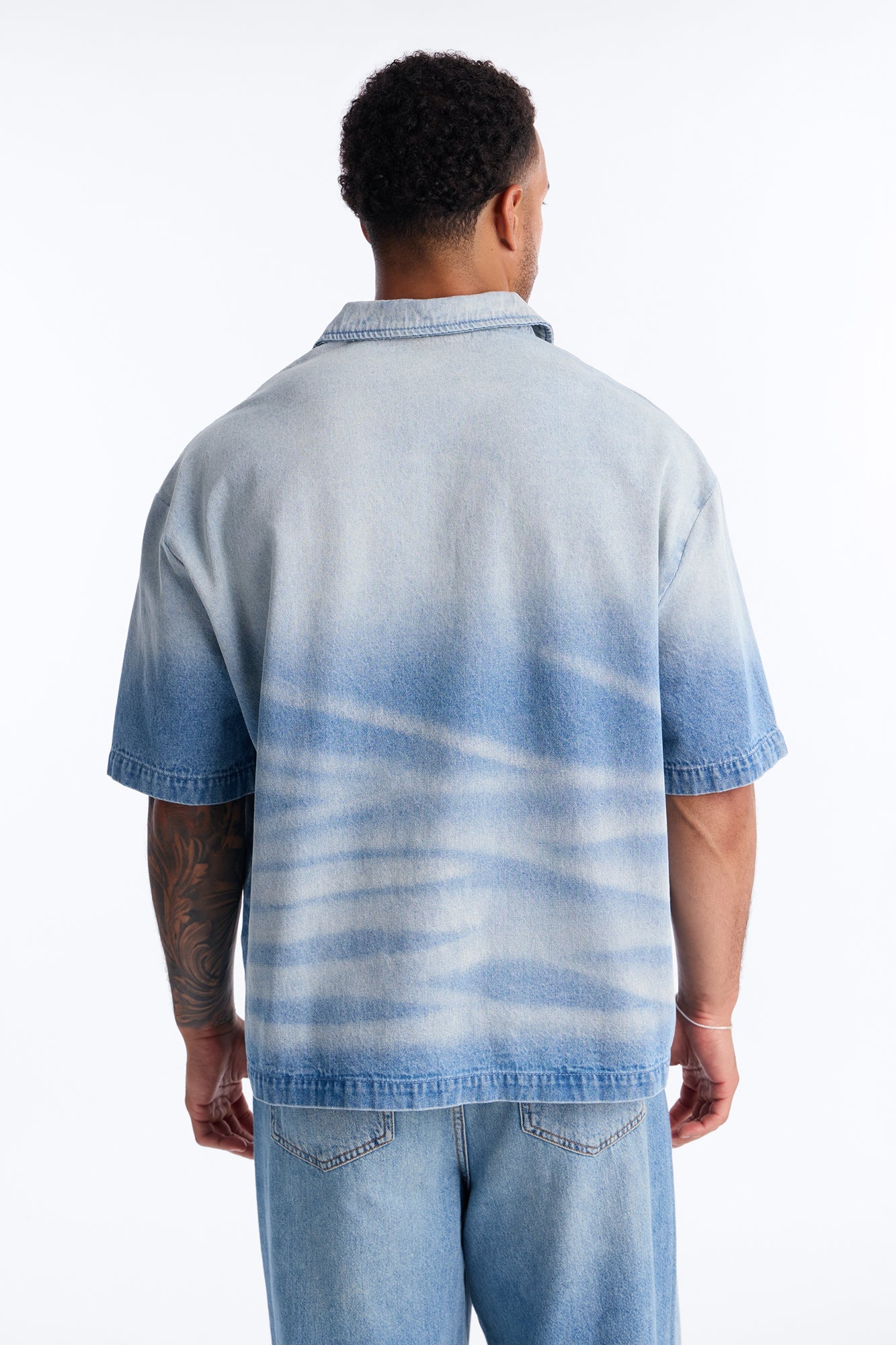 Boxy Faded Wave Denim Polo - Light Blue Wash