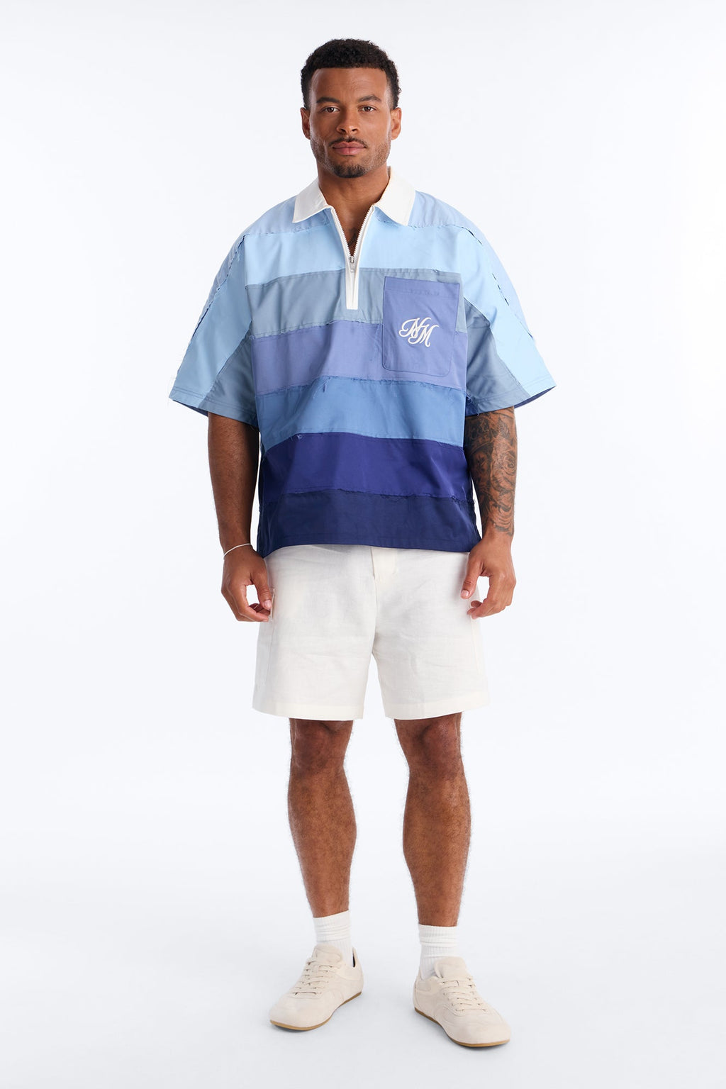 Oversized Frayed Zip Collar Polo - Blue
