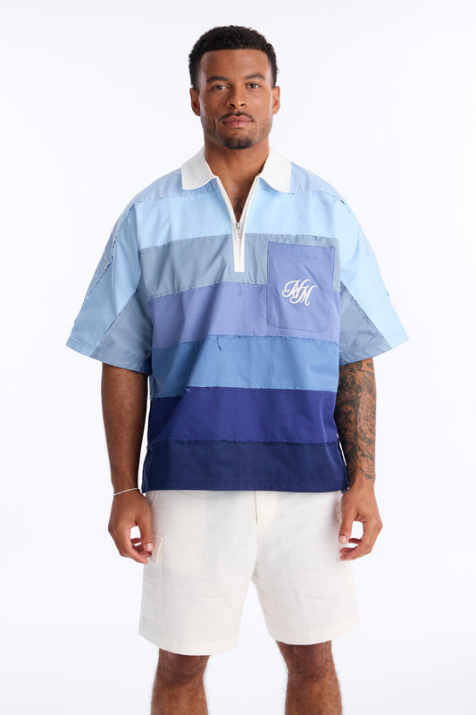 Oversized Frayed Zip Collar Polo - Blue