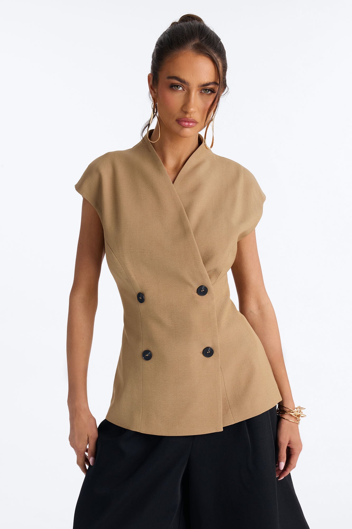 Diana Cap Sleeve Double Breasted Blazer - Caffe