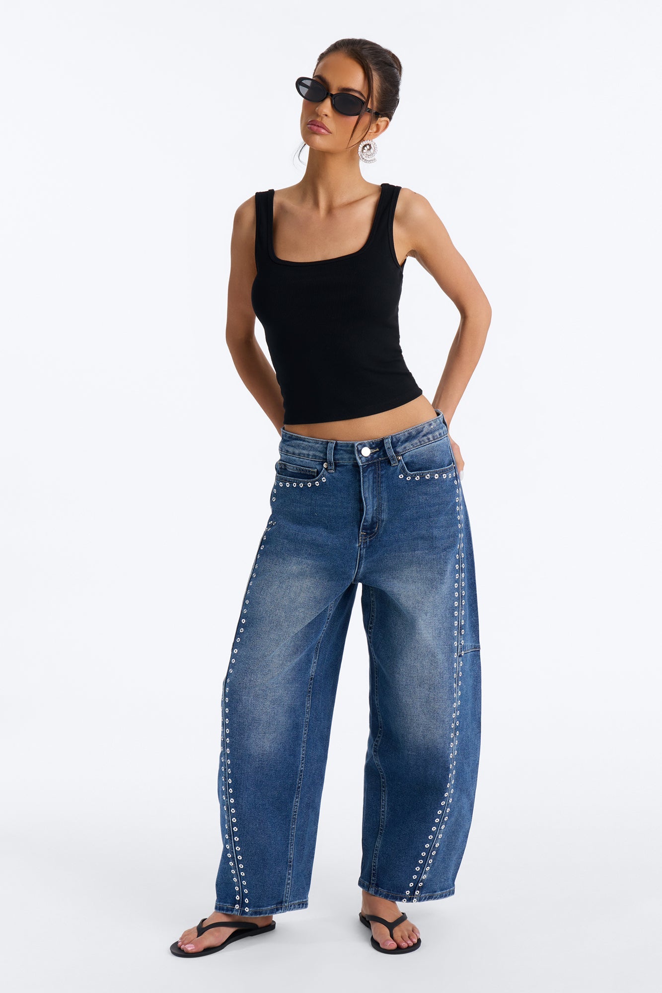 See You Never Grommet Embellished Barrel Jeans - Dark Wash