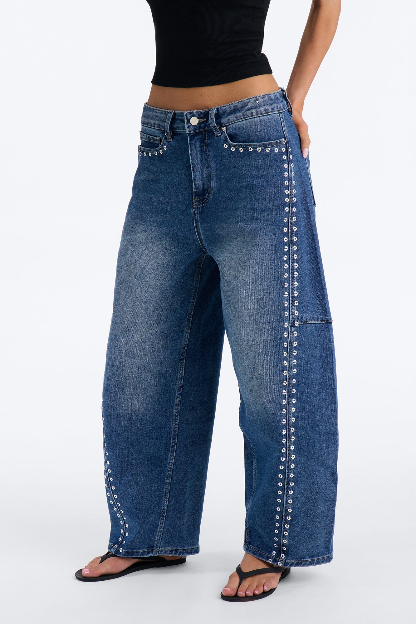 See You Never Grommet Embellished Barrel Jeans - Dark Wash