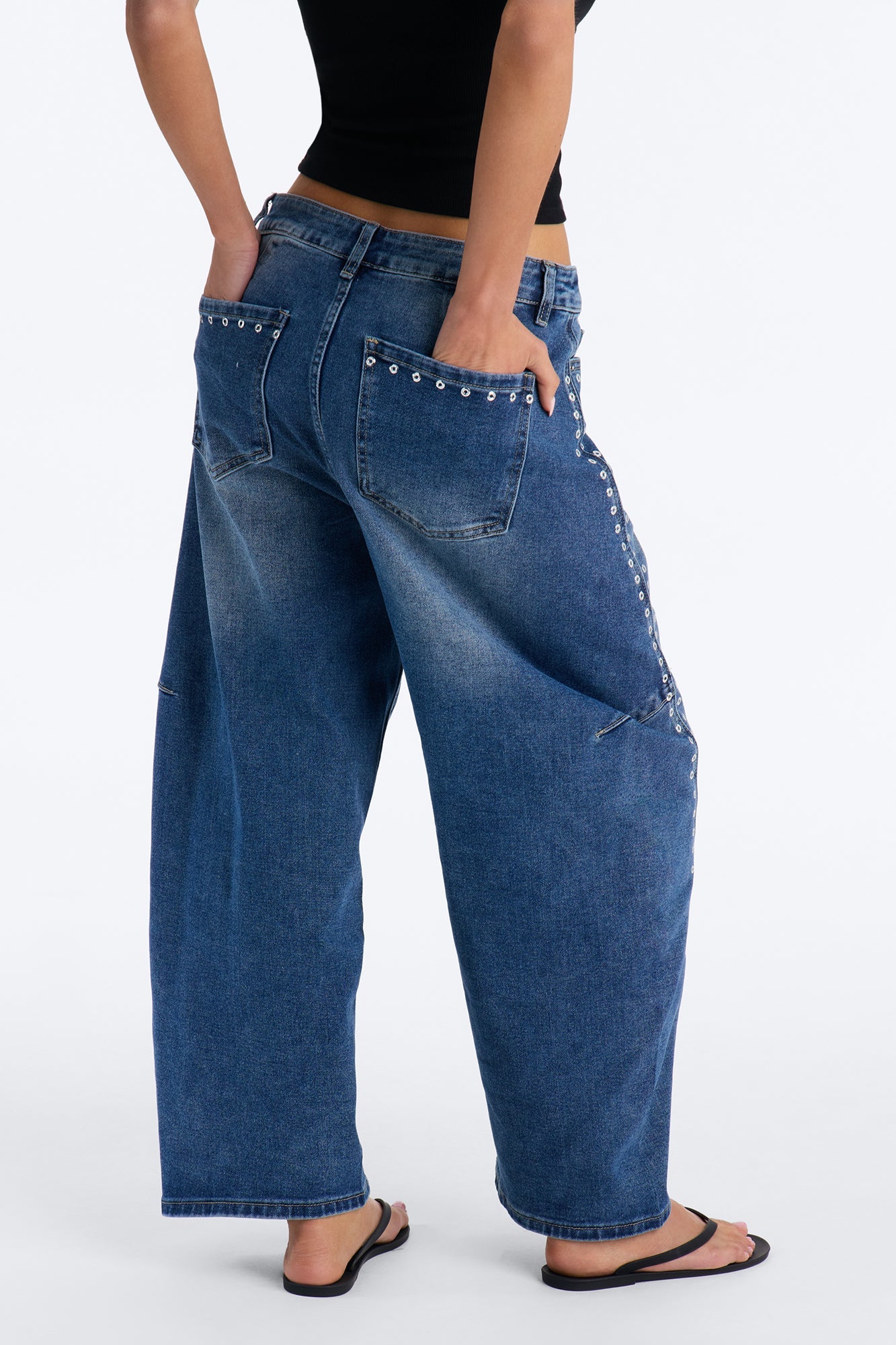 See You Never Grommet Embellished Barrel Jeans - Dark Wash