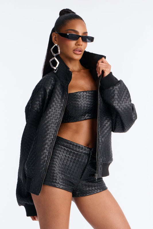 Vivian Woven Faux Leather Bomber Jacket - Black
