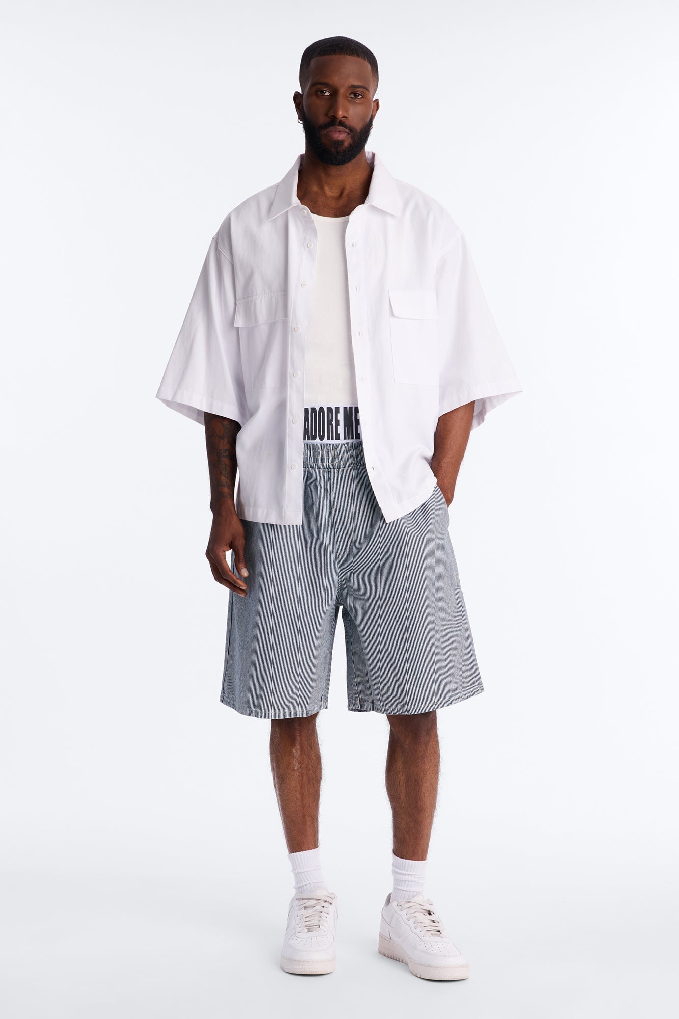 Relaxed Adore Me Double Waistband Pinstripe Short - White/Blue