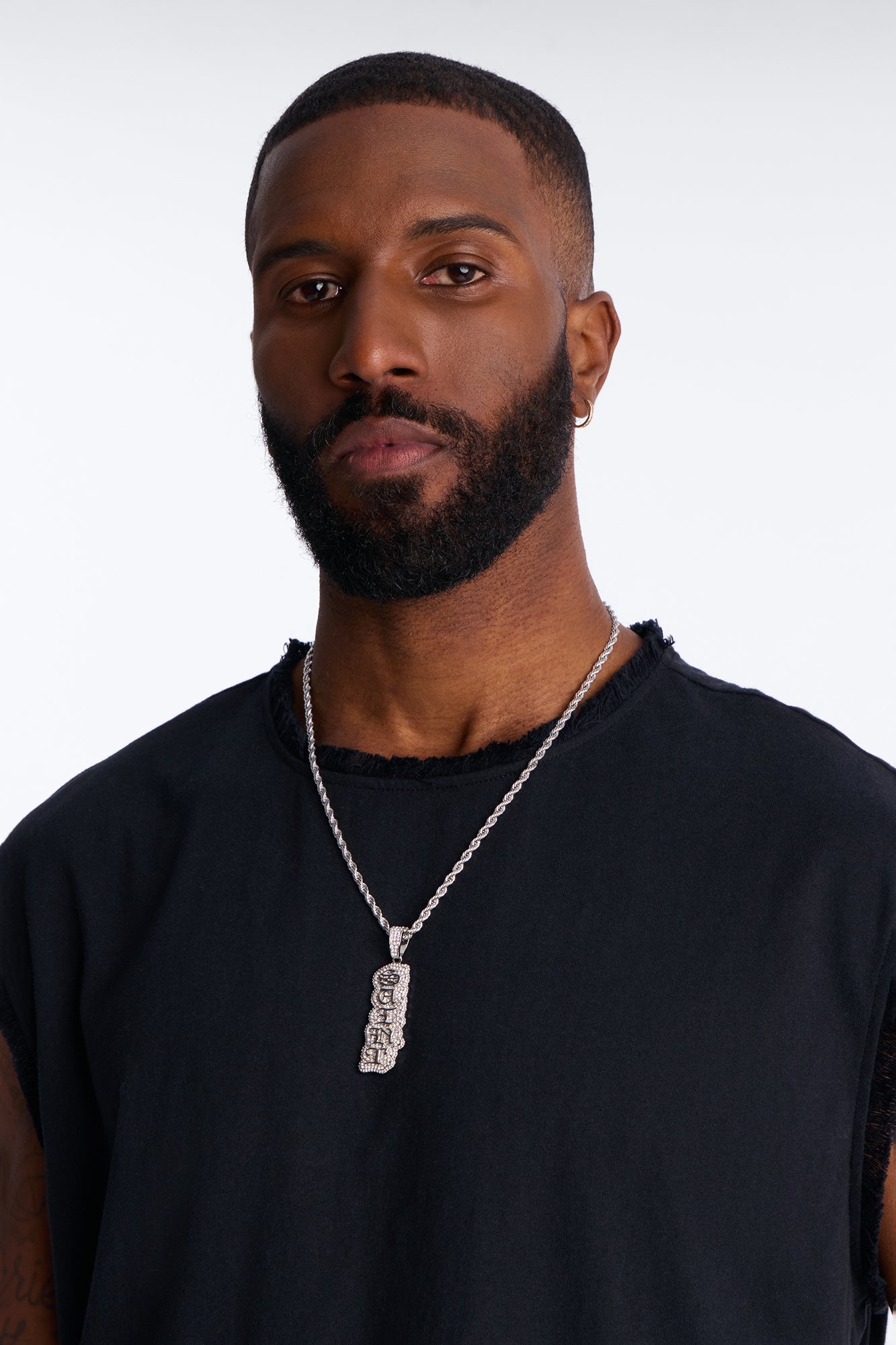 Saint Script Vertical Iced Pendant Necklace - Silver