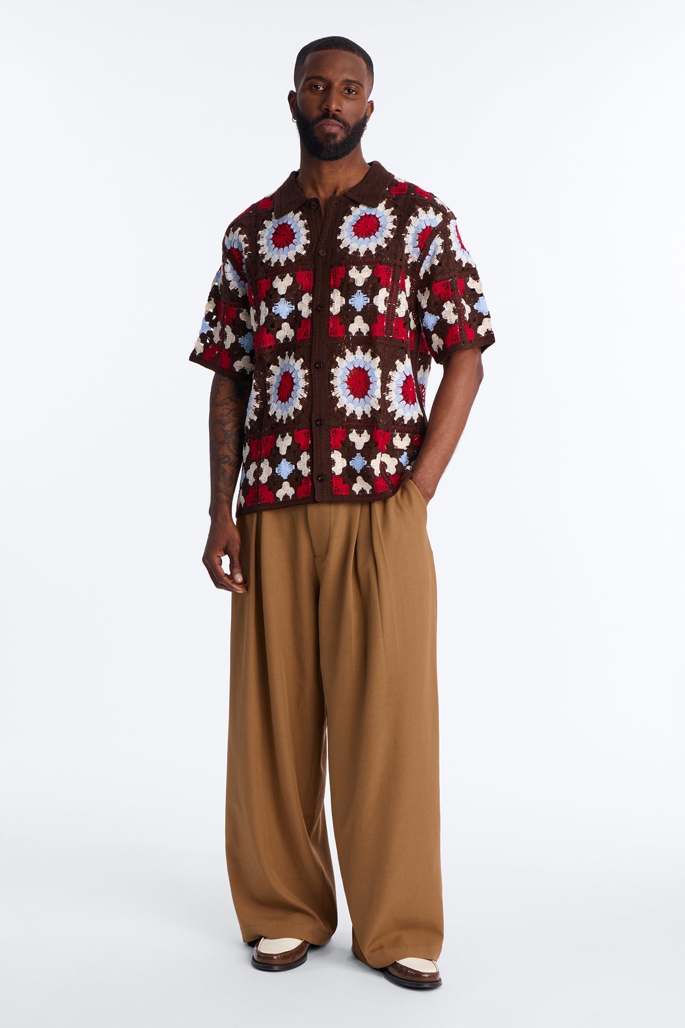 Desert Hues Crochet Button Up Shirt - Brown