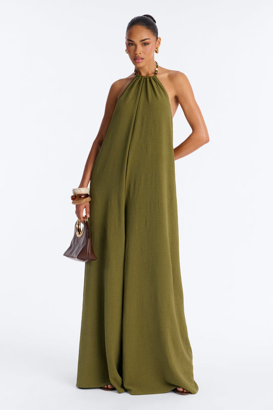 Kalana Beaded Halter Jumpsuit - Olive