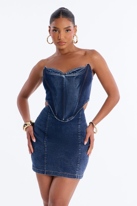 She's Her Strapless Stretch Denim Mini Dress - Dark Wash