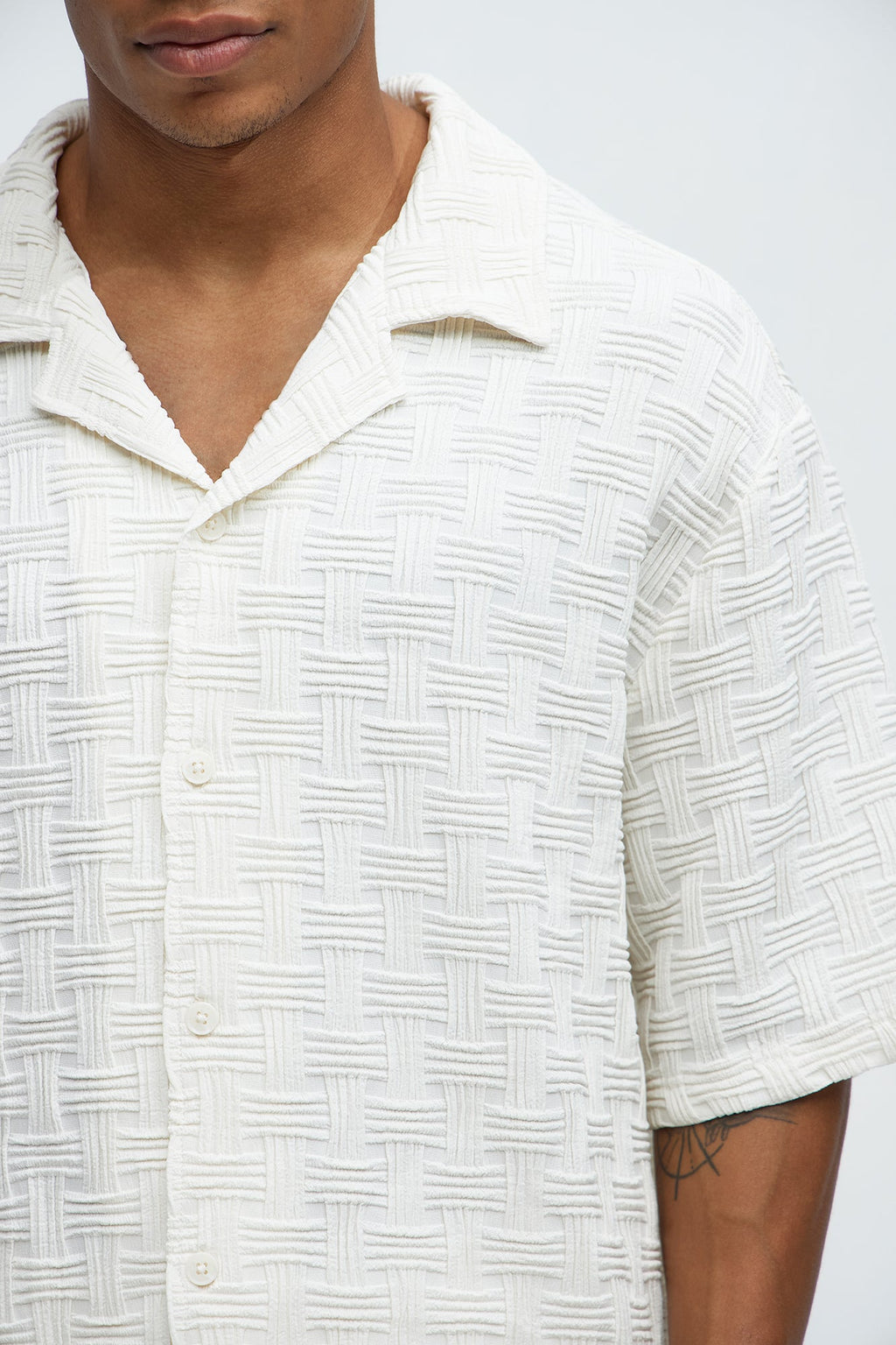 Criss Cross Textured Cuban Collar Shirt - Cream