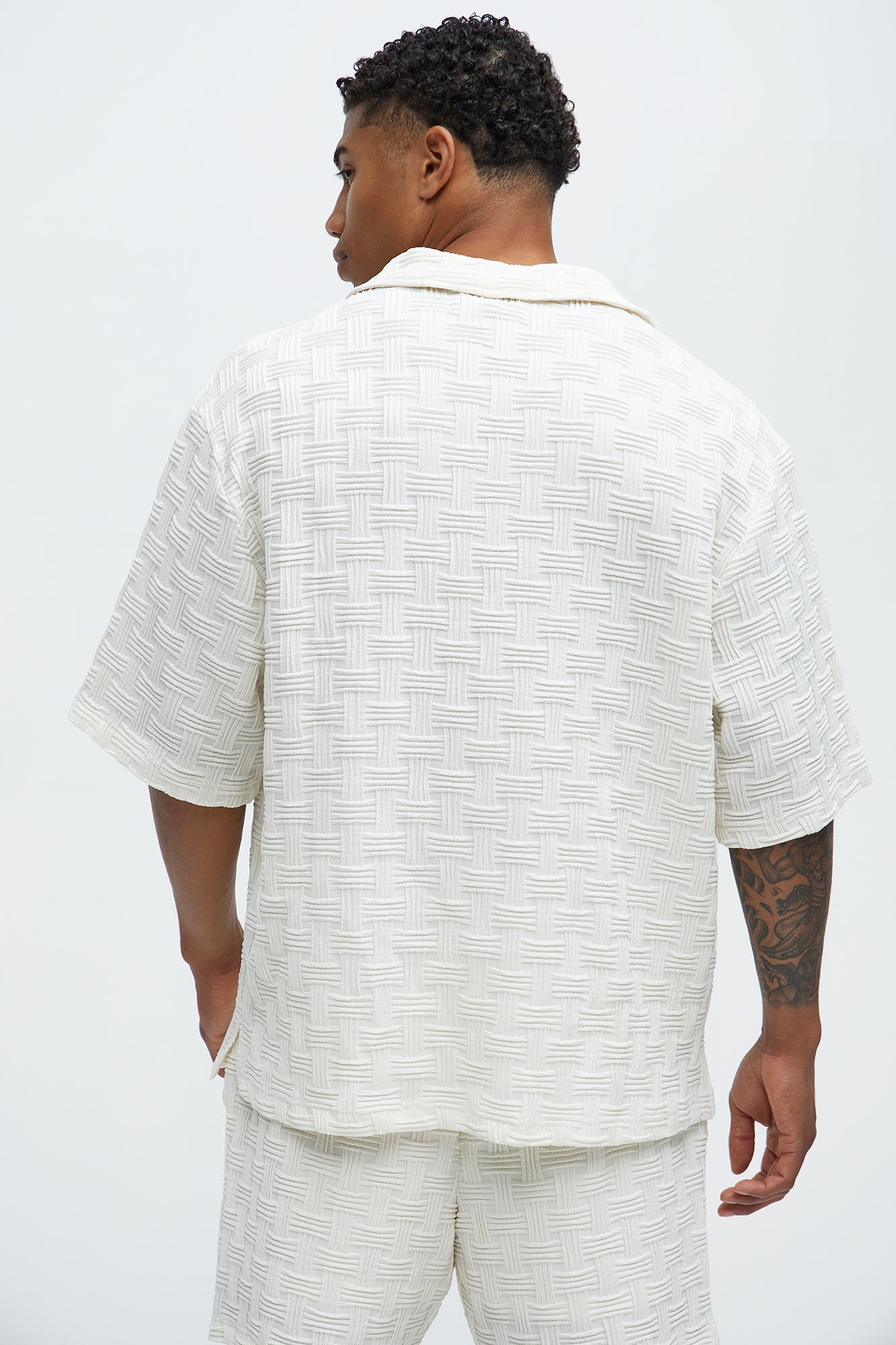 Criss Cross Textured Cuban Collar Shirt - Cream