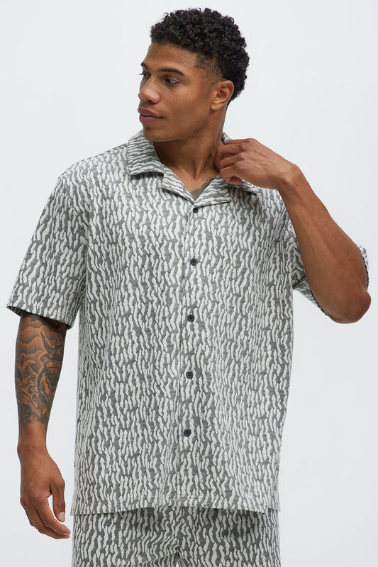 Havana Jacquard Short Sleeve Button Up Shirt - Grey