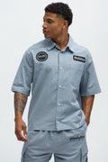 Cropped Bedstuy Patch Button Up Shirt - Light Blue