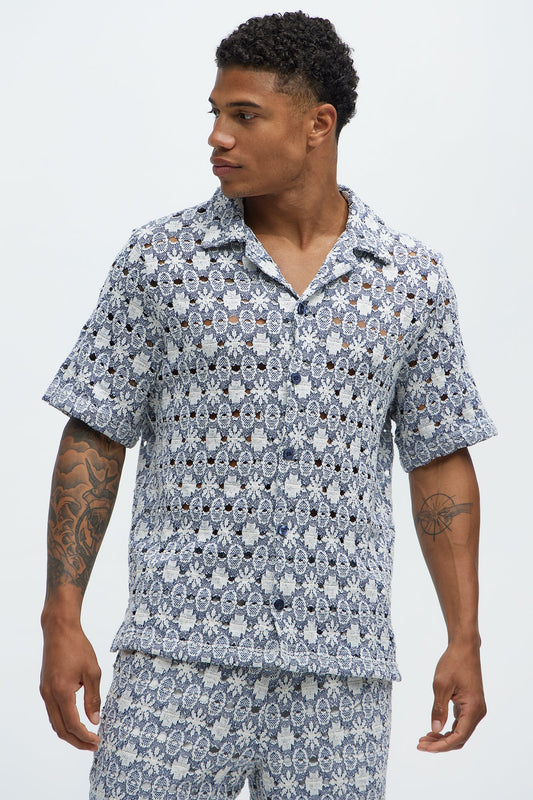 Patterned Open Knit Button Down Shirt - Blue/combo