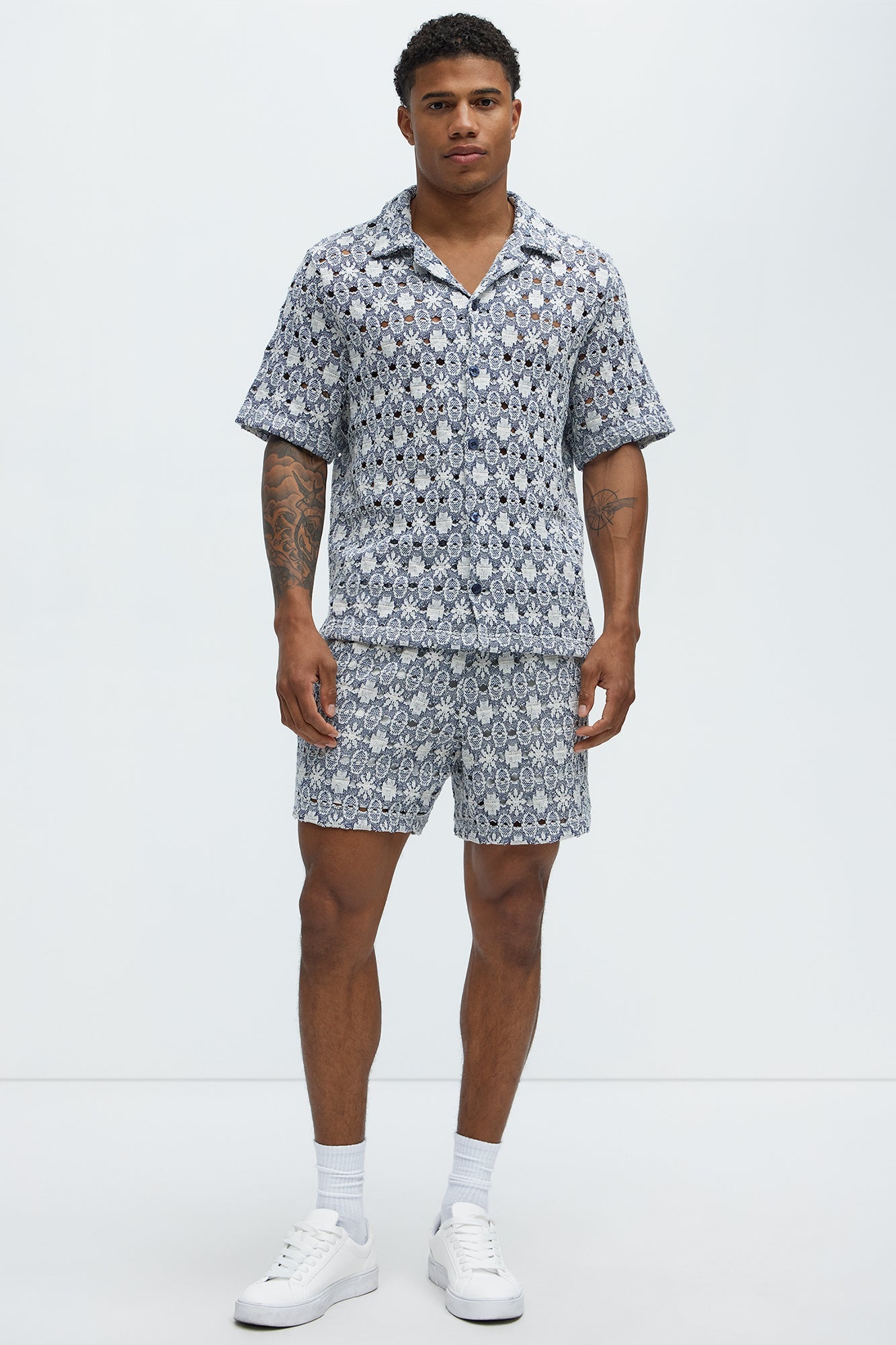 Patterned Open Knit Shorts - Blue/combo