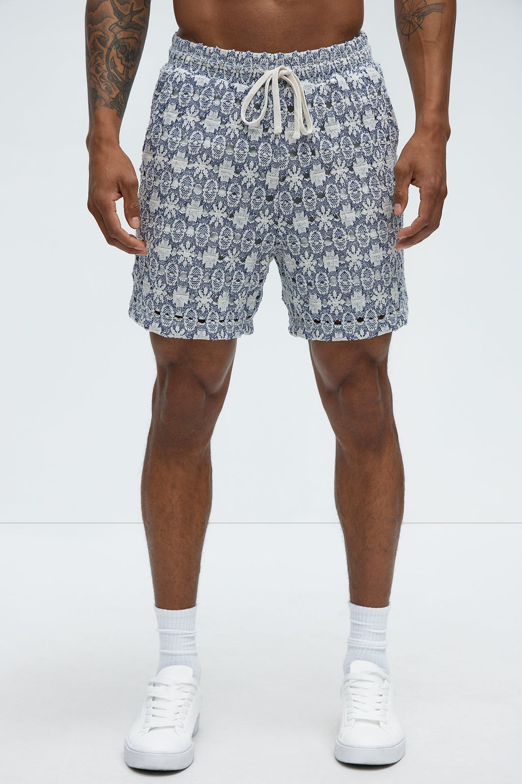 Patterned Open Knit Shorts - Blue/combo