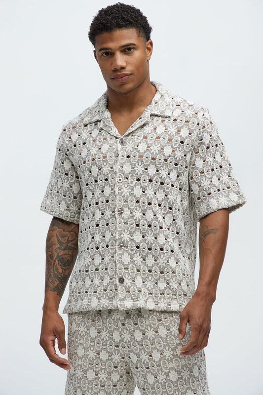 Patterned Open Knit Button Down Shirt - Cream/combo