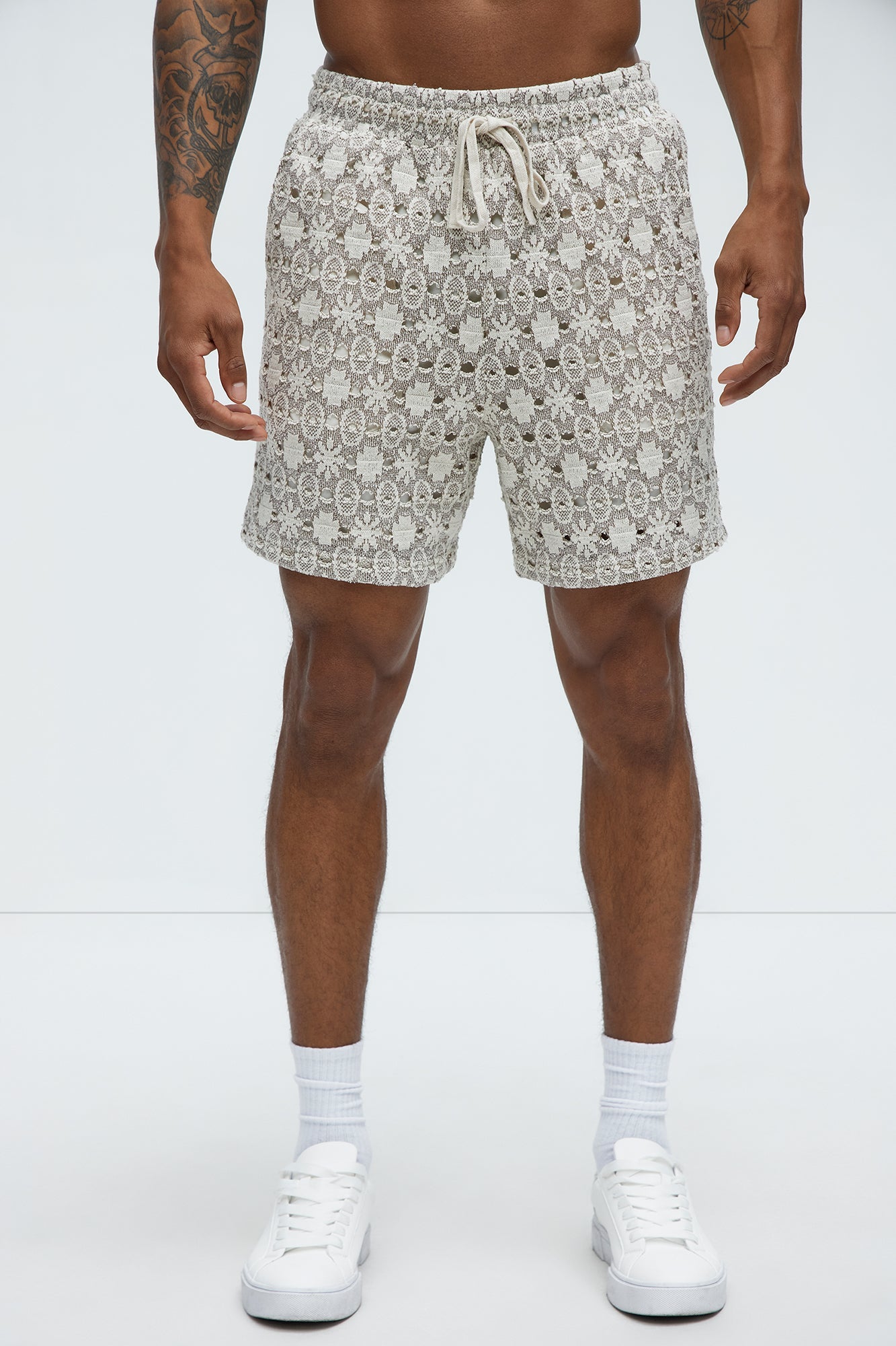 Patterned Open Knit Shorts - Cream/combo