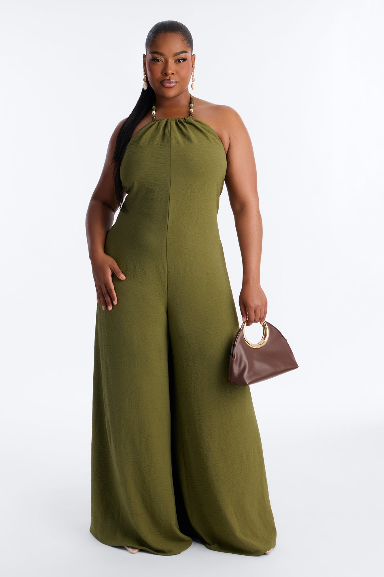 Kalana Beaded Halter Jumpsuit - Olive
