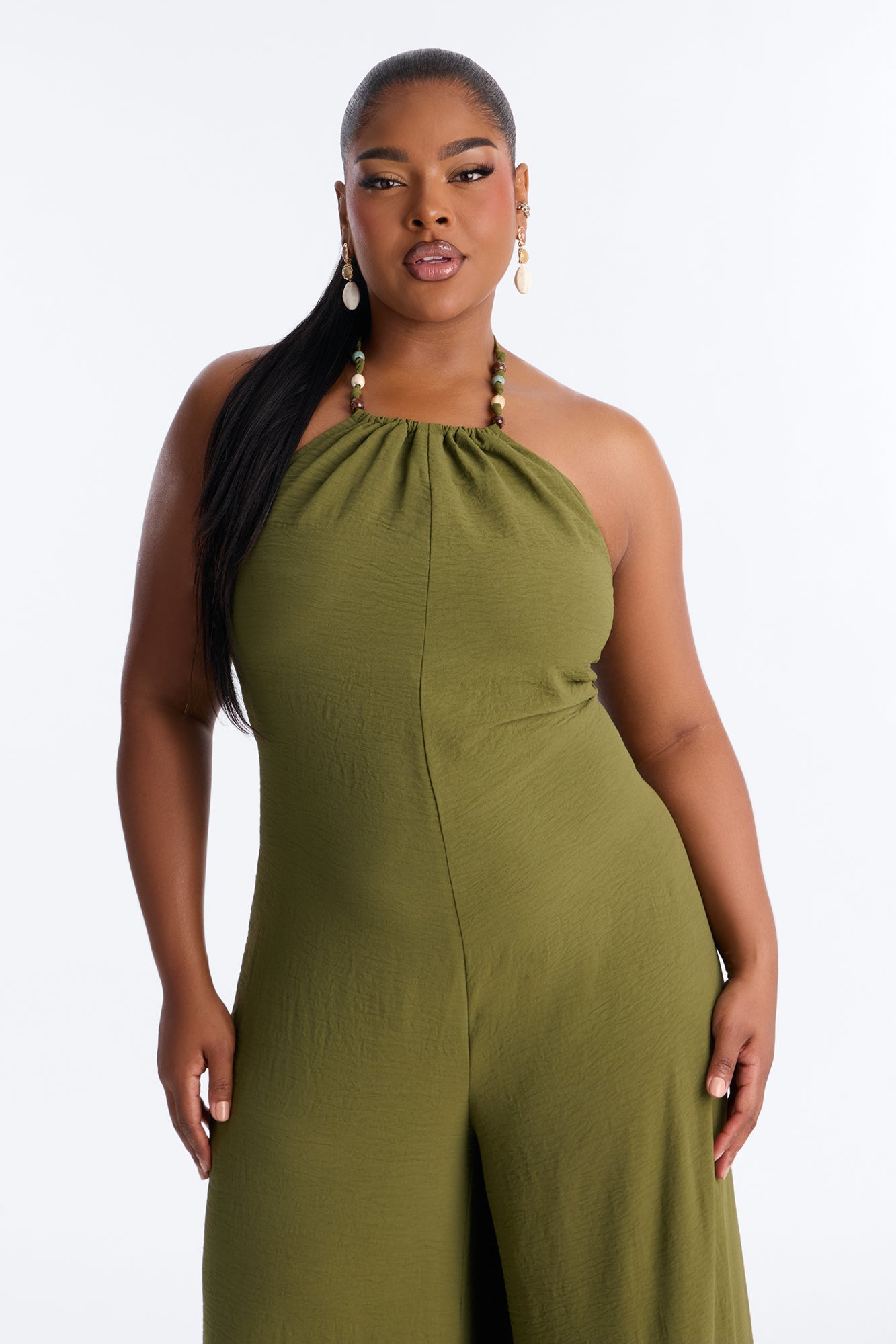 Kalana Beaded Halter Jumpsuit - Olive