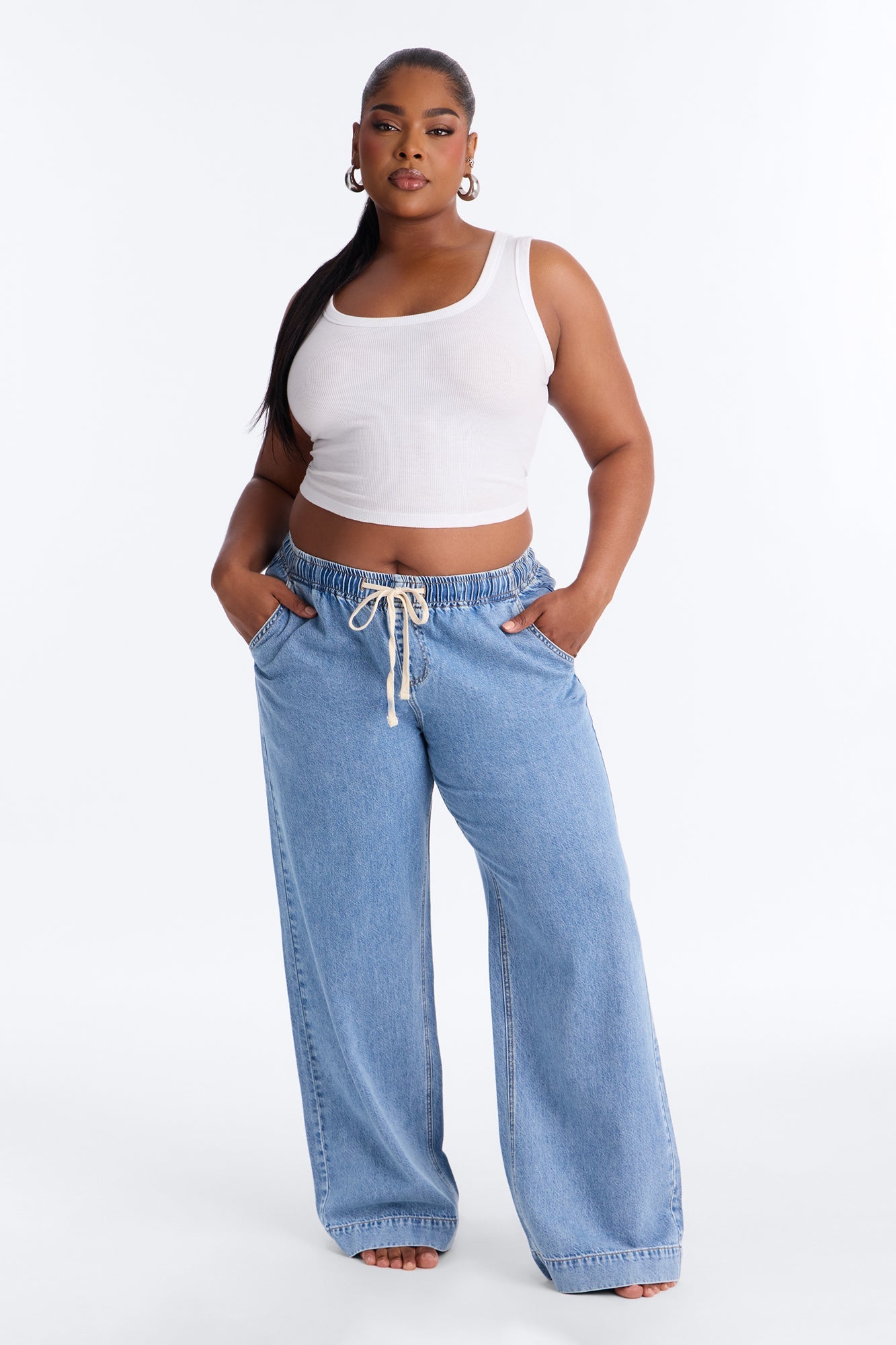Resort Life Drapey Tie Waist Jeans - Light Wash