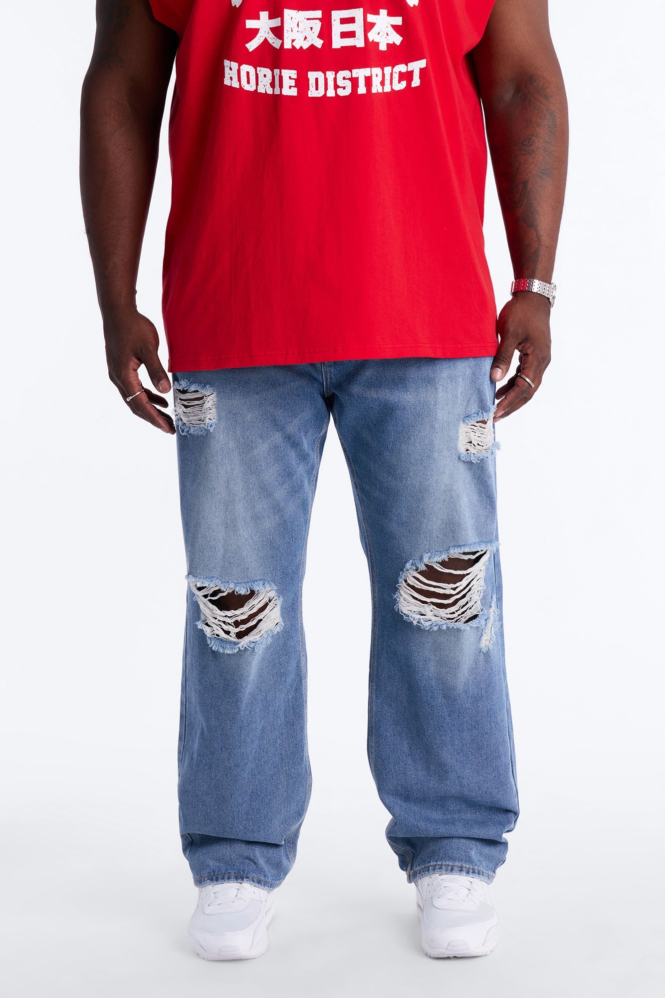 Essential Destroyed Straight Rigid Jean - Medium Blue Wash