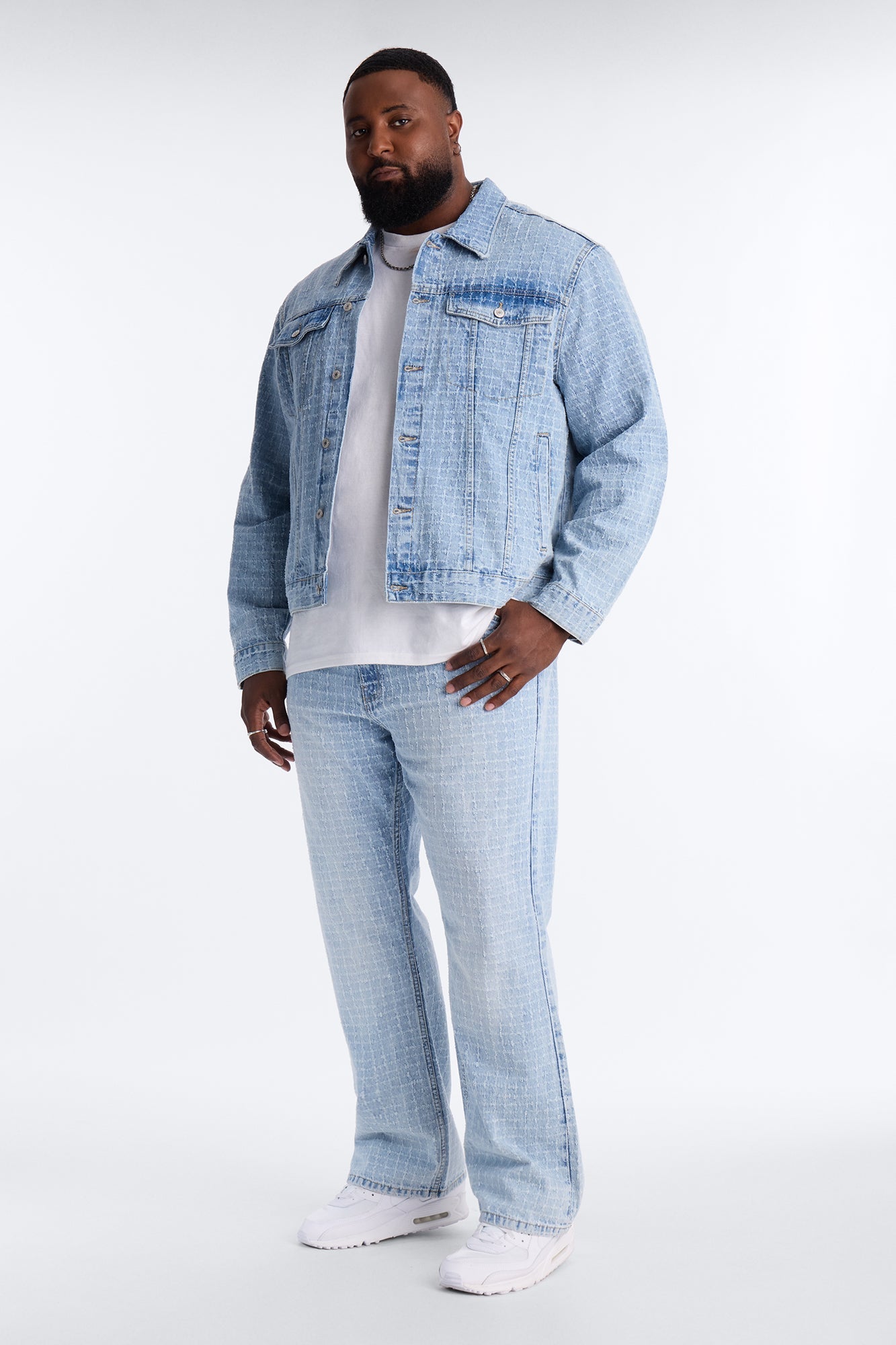 Cropped Windowpane Denim Trucker Jacket - Light Wash