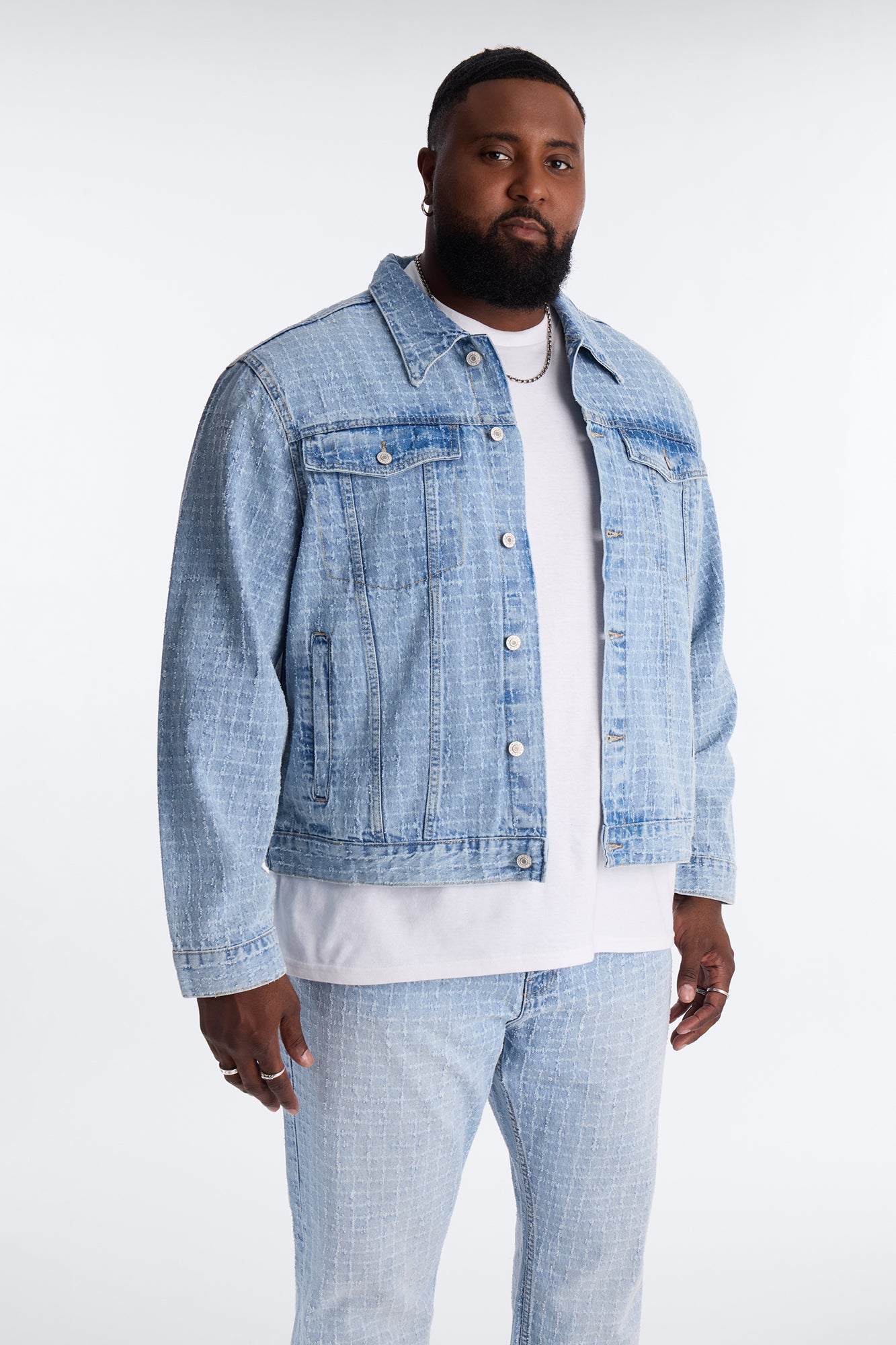 Cropped Windowpane Denim Trucker Jacket - Light Wash