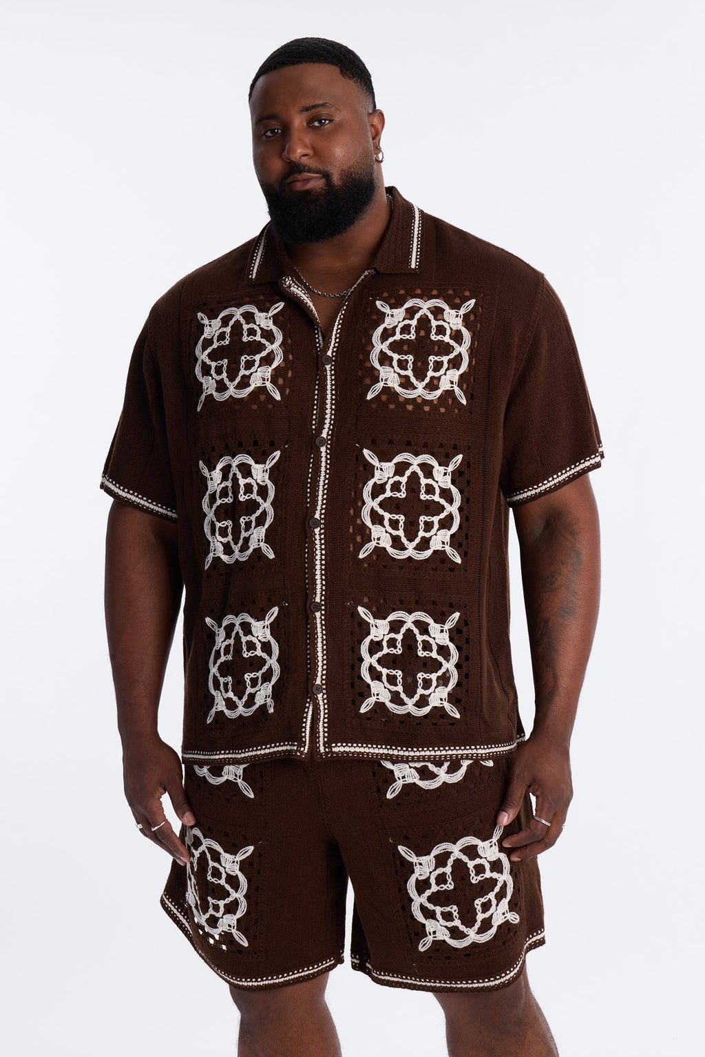 Lido Isle Crochet Button Up Shirt - Brown