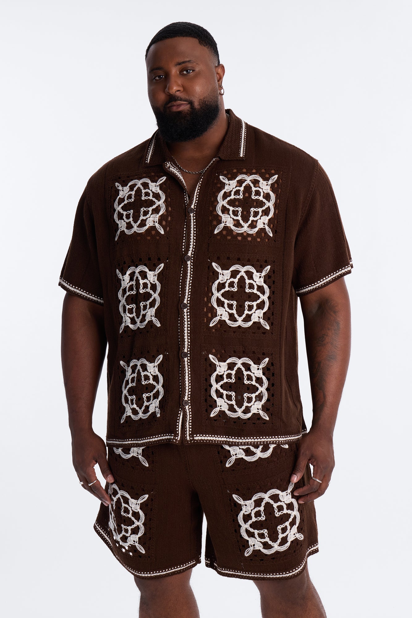 Lido Isle Crochet Button Up Shirt - Brown